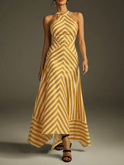 Stylish Artistic Striped Halter Sleeveless Maxi Dress