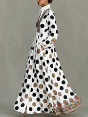 Classic Totem & Polka Dot Color-block Dress With Lapel, Cinched Waist, And Flared Skirt