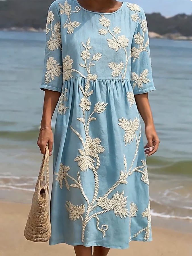 Women's CasualRound Neck Mid Sleeve Print Cotton and Linen Dress