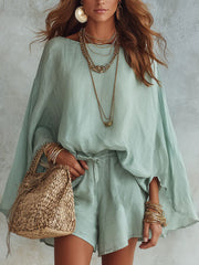 Women's Casual Solid-color Loose-fit Drawstring Shorts Set