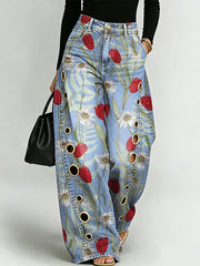 Elegant Floral Decorative Patterns Women's Denim Pants