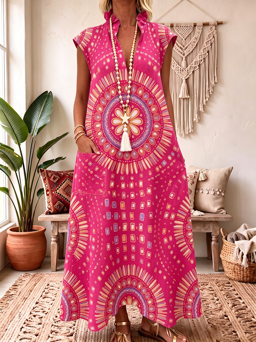Bohemian Floral Print Cotton-linen Dress
