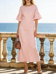 Women's Solid-color Round-neck Short-sleeve Casual Loose Cotton-linen Dress