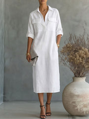Women's Lapel Long-sleeve Cotton-linen Dress