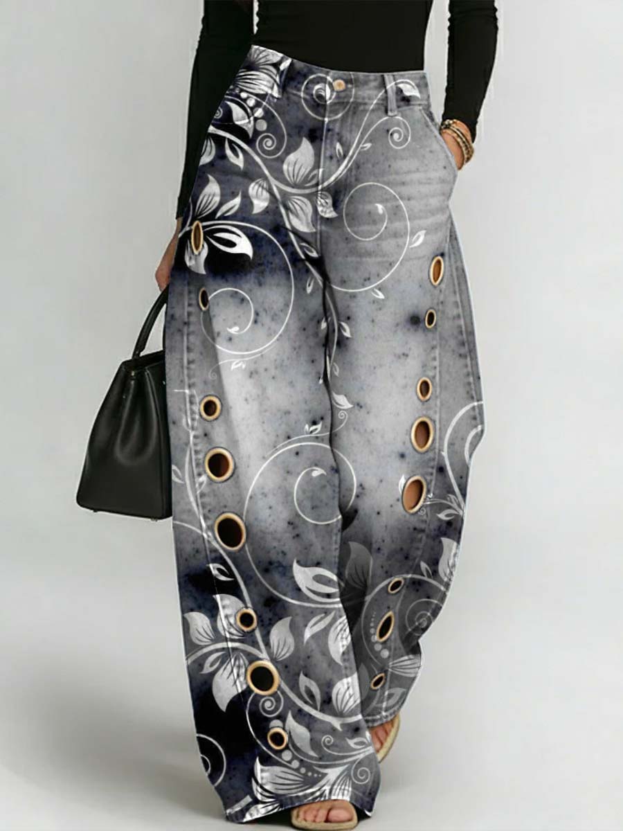 Women's Retro Floral Art Print Casual Stylish Hollow Denim Pants