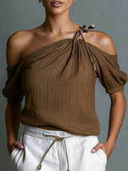 Women's Casual Brown Cotton-Linen Top