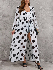 Women's Retro Polka Dot Art Print Casual Sheer Stylish Comfortable Long Shirt Dress