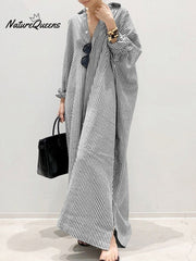 Women's Elegant Cotton Linen Striped Cardigan Loose Casual Irregular Dress