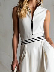 Elegant Sporty Striped TrimWhite Cotton Sleeveless Midi Dress
