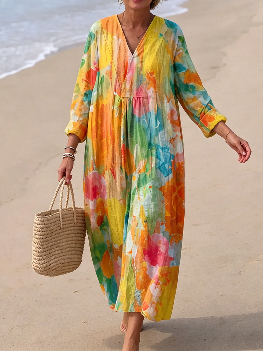 Artistic Floral Color-block Cotton-linen Vacation Dress