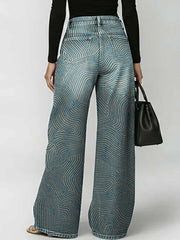 Women's Abstract Line Art Print Casual Stylish Hollow Denim Pants