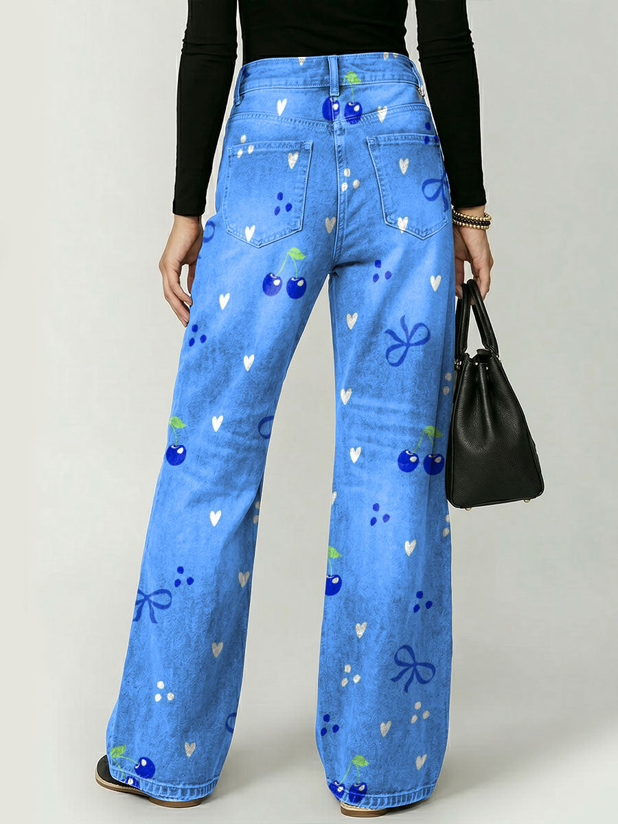 Vintage Cherry Decorative Pattern Women's Casual Cotton Denim Pants
