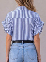 Women's Striped Print Shirt-collar Short-sleeve Casual Loose Cotton Cardigan