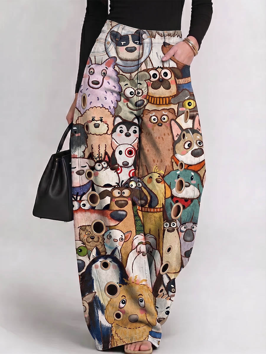 Women's High-waisted Wide-leg Denim Jeans With Cartoon Animal Print