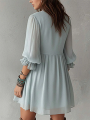 Elegant Lace Trim Pleated Chiffon Dress With Puff Sleeves