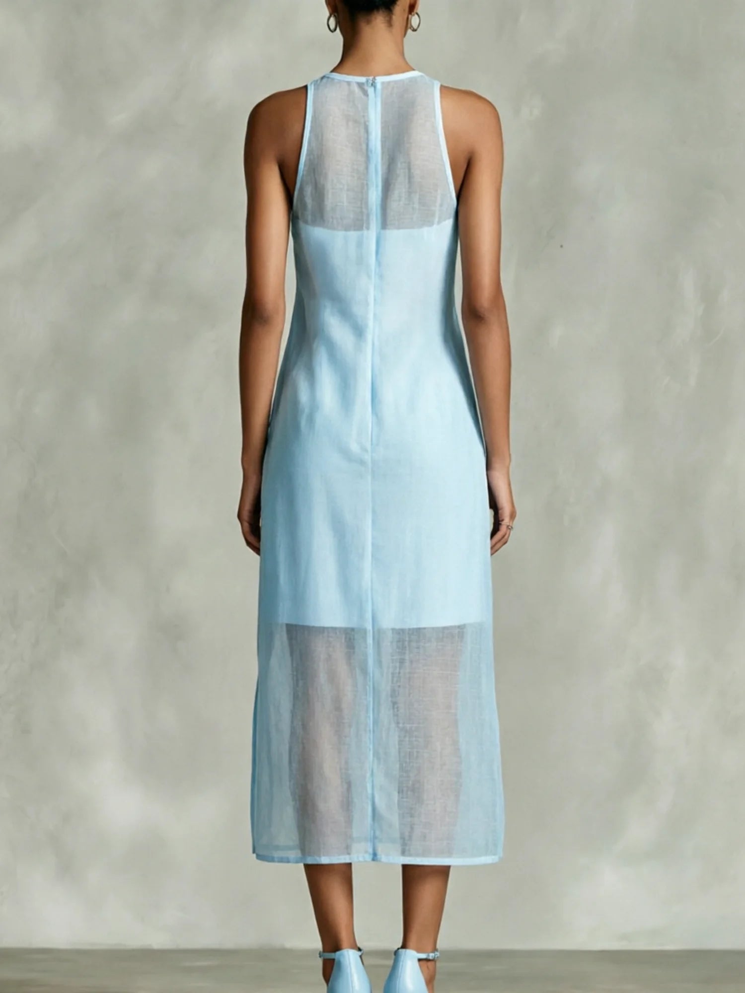 Stylish Paneled Organza, Linen, And Cotton Sleeveless Dress