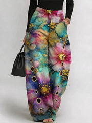Women's Vintage Colorful Flowers Art Print Casual Fashion Cutout Jeans