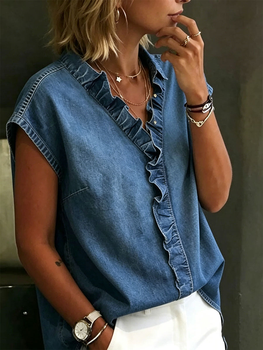 Women's V-neck Solid-color Casual Denim-cotton Sleeveless Shirt