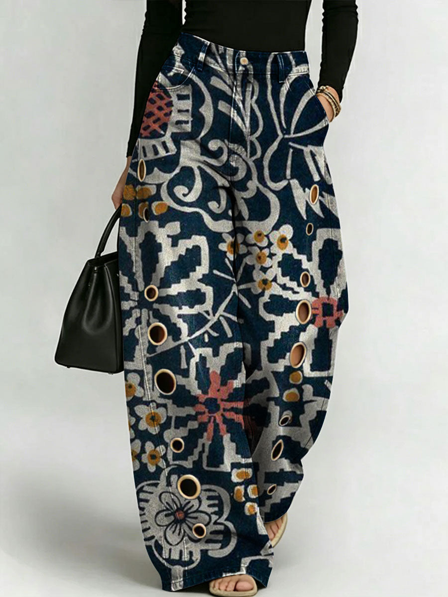 Women's Retro Geometric Floral Patterns Printed Stylish Cutout Casual Denim Jeans