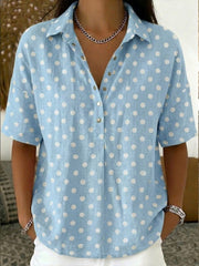 Casual Polka Dots Polo Collar Short-sleeved Linen And Cotton Shirt