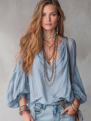 Cozy Retro Cotton-linen Shirt With Lantern Sleeves