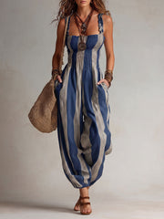 Women's Square-Neck Sleeveless Loose-Fit Casual Jumpsuit — Plaid Print Cotton-Linen Strappy Romper