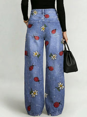 Ladybug And Daisy Decorative Pattern Women's Denim Pants