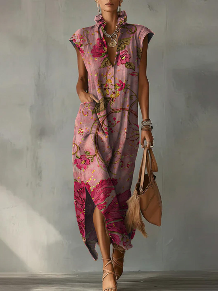 Casual Loose-fit Cotton-linen Dress With Cap Sleeves And Vintage Floral Print