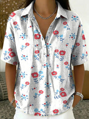 Women's Vintage Floral Art Print Cotton-linen Short-sleeve Shirt