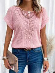 Women's Crew Neck Short-sleeve Casual Loose Top With Lace Splicing