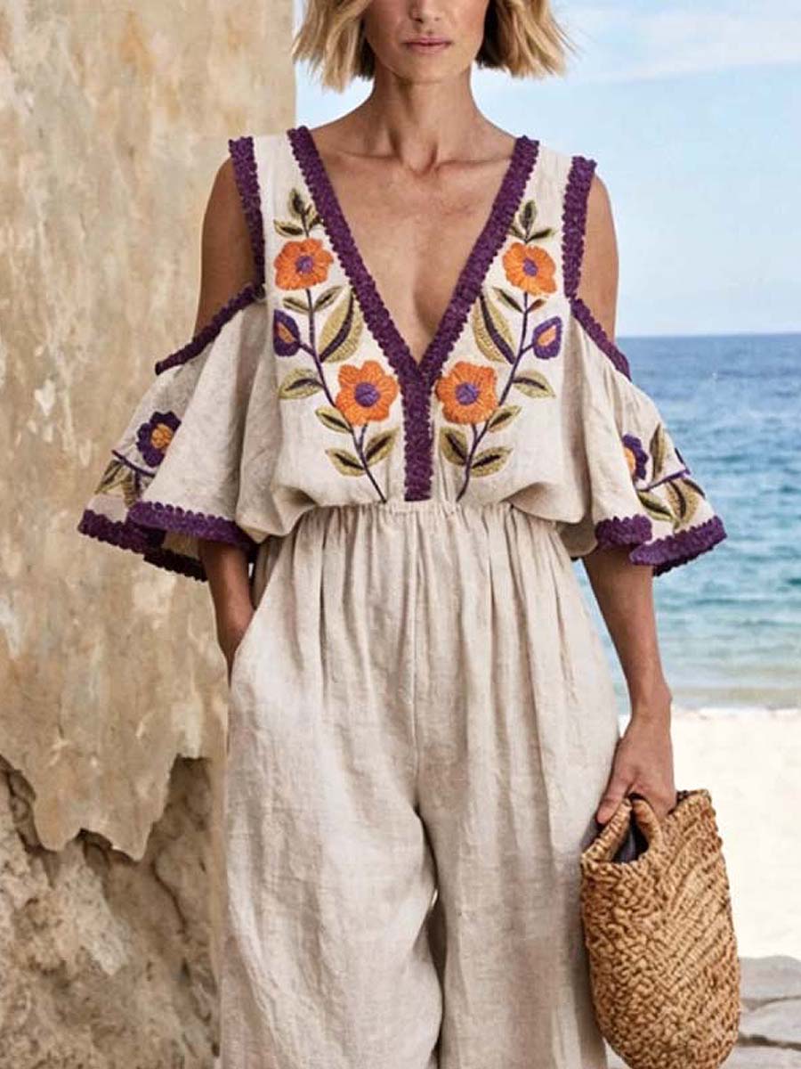 Women's Retro Floral Art Casual Stylish Comfortable Cotton Linen Jumpsuit
