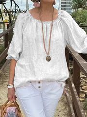 Women's Casual Solid Color Round Neck Pullover Cotton And Linen Shirt