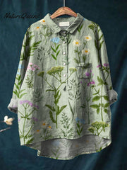 Women's Vintage Lovely Floral Art Print Casual Cotton And Linen Shirt