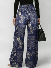 Women's Retro Floral Art Print Casual Stylish Hollow Denim Pants
