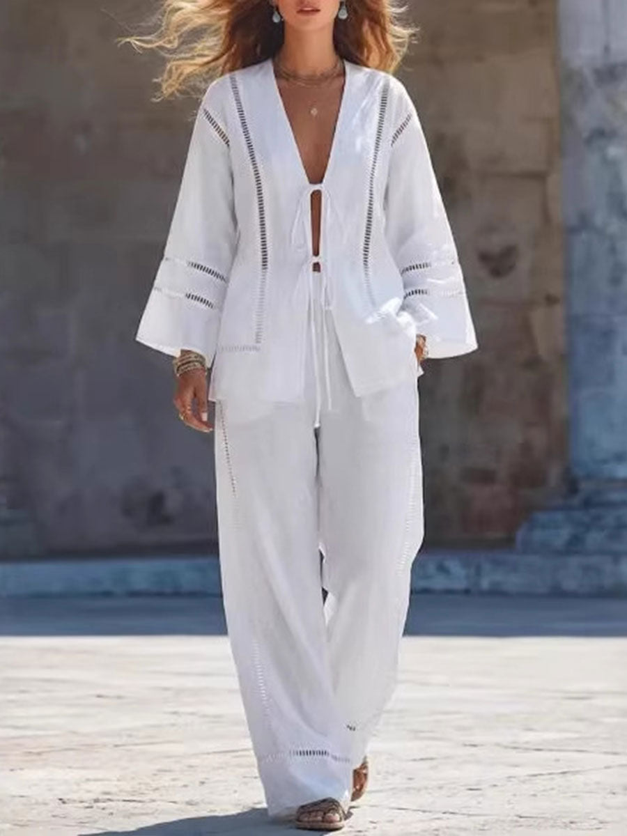 Women's Simple & Chic Two-piece Set: Tie-waist Open-knit Cardigan & Bottoms — Versatile For Commuting Or Vacation Leisure