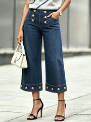 High-waisted, Gold-buttoned, Wide-leg Cropped Jeans