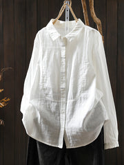 Women Spring Pure Color Turn-down Collar 100%Cotton Shirt
