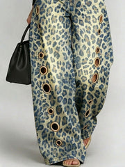Women's Leopard Print Casual Fashion Cutout Jeans