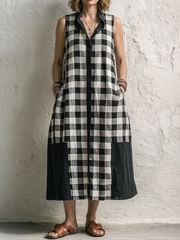 Black & White Gingham Patchwork Sleeveless Linen-cotton Shirt Dress