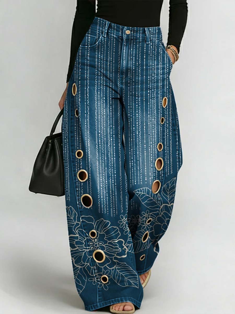 Women's Retro Floral Art Print Casual Stylish Hollow Denim Pants