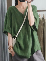 Women's Solid-color V-neck 3/4-sleeve Casual Loose Cotton-linen Top