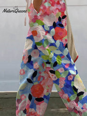Women's Vintage Floral Art Printed 100%Cotton Casual Pants