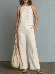Women's Sleeveless Top & High-waisted Wide-leg Pants Two-piece Set