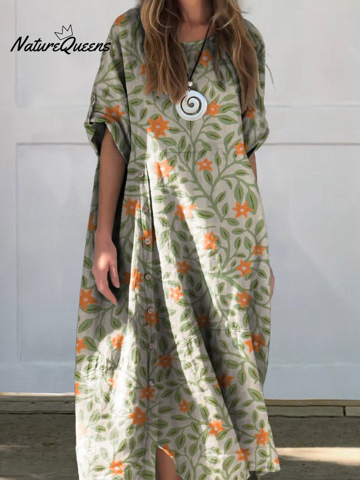 Women's Lovely Floral Art Print Linen Cotton Buttons Dress