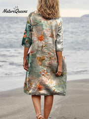 Spring Cherry Blossom Floral Close-up View Art Women's Linen Pocket Tunic Dress