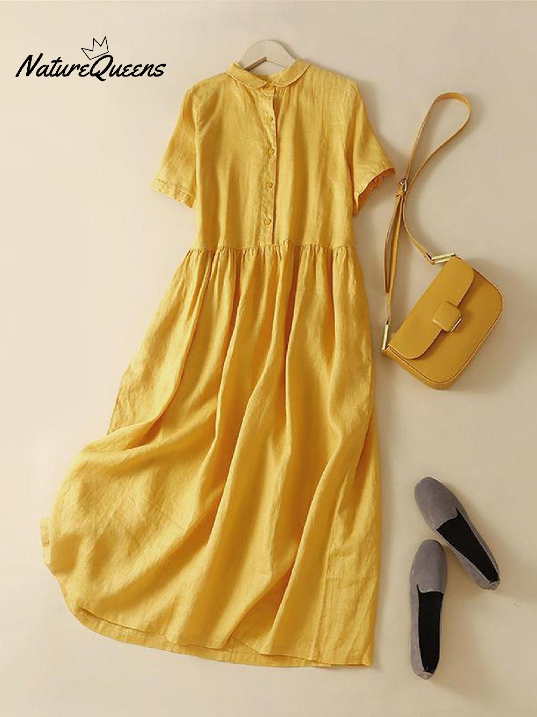 Women's Cotton And Linen Short Sleeve Solid Color Casual Shirt Dress