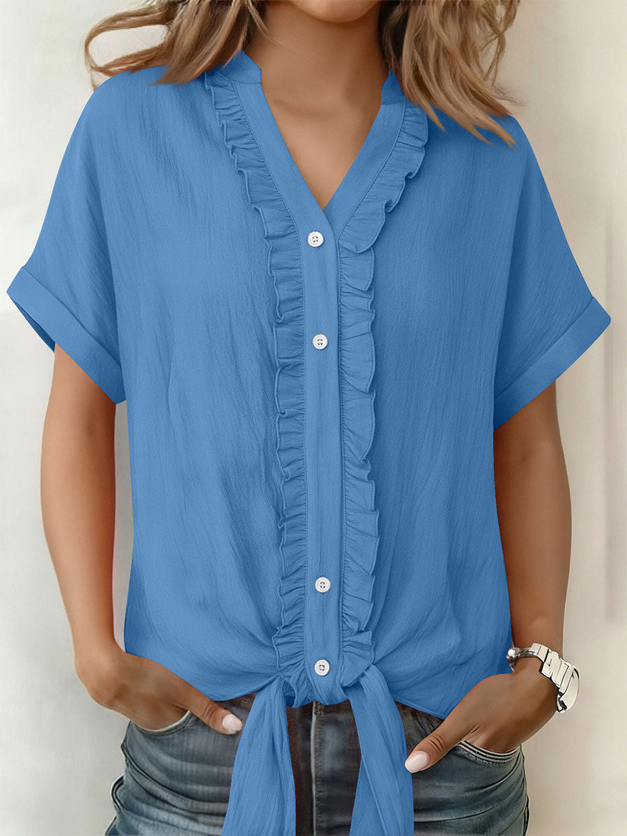 Women's Solid-Color Cotton-Linen Casual Short-Sleeve Button-Down Shirt with Ruffled Trim