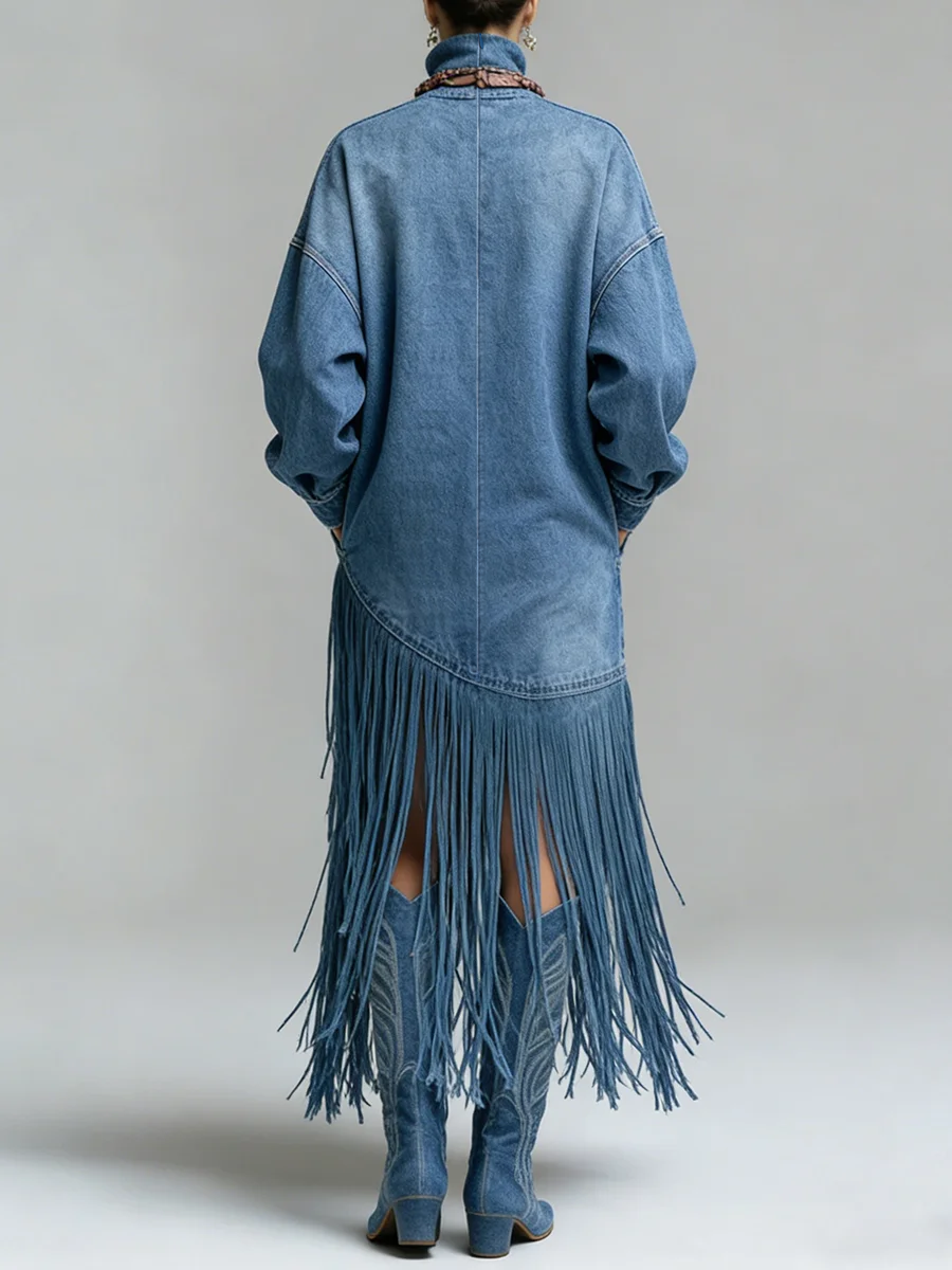 Ursime Daily Blue High Collar Lantern Sleeve Long Sleeve Strappy Western Pocket Denim Midi Dresses [Pre-Order]