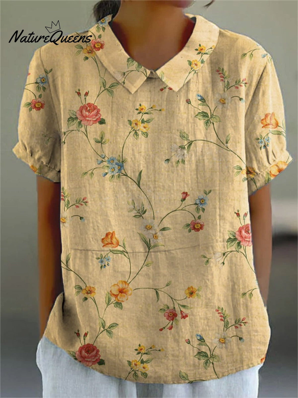 Women's Retro Floral Art Print Casual Cotton And Linen Shirt