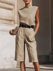 Women's Casual Cotton-linen Set: Stand-collar Sleeveless Top & High-waisted Wide-leg Pants